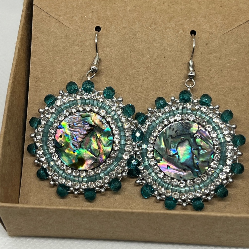 Indigenous Hand Beaded Silver and Teal Abalone Earrings